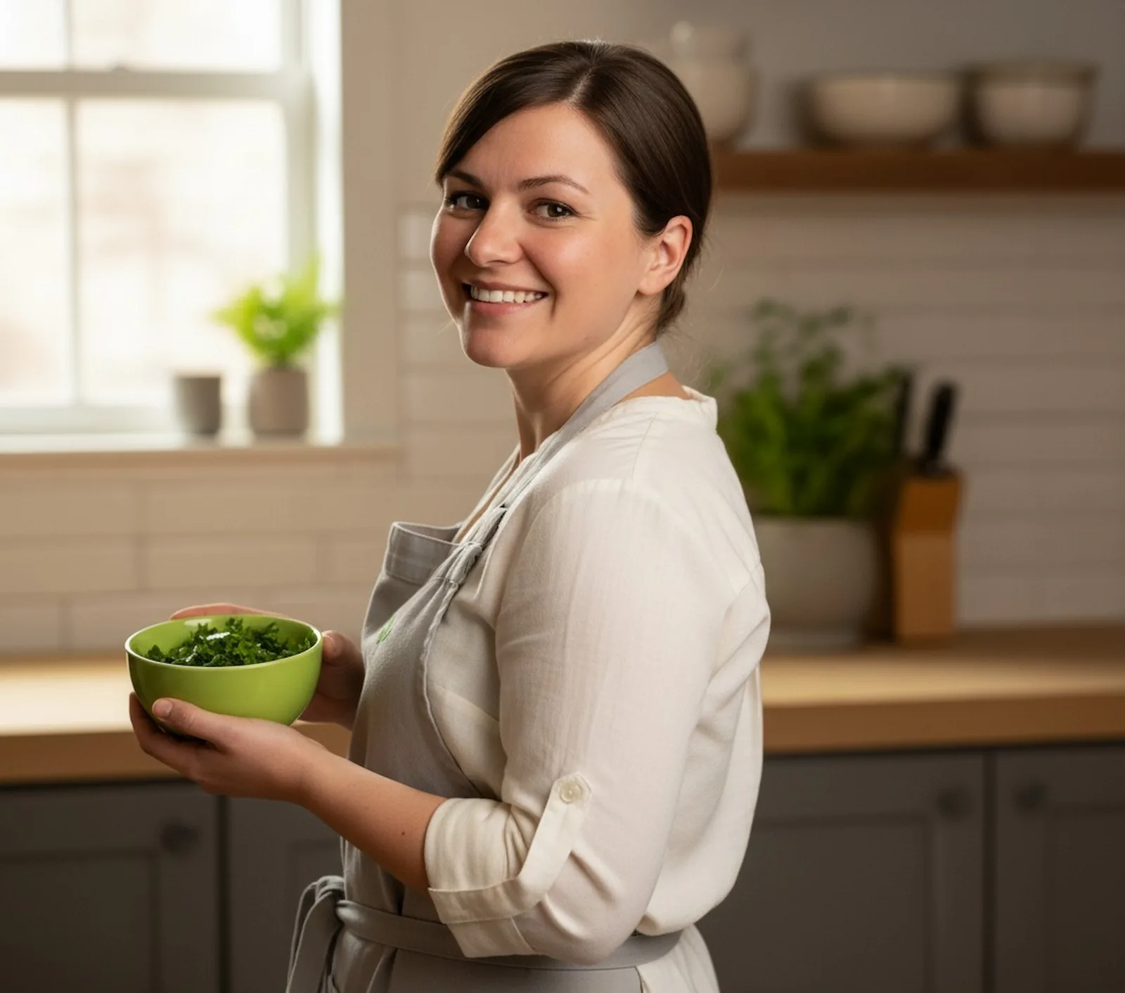 Chloe Harper, Chicago-based recipe creator and food blogger, holding a bowl of fresh herbs in her kitchen