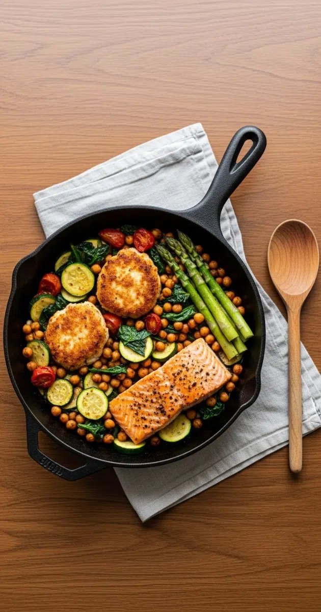 Cast-iron skillet with weeknight one-pan chicken and veggies on a warm wood table with a linen napkin.