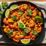 One-pan chili-lime shrimp with peppers and corn on a wooden table