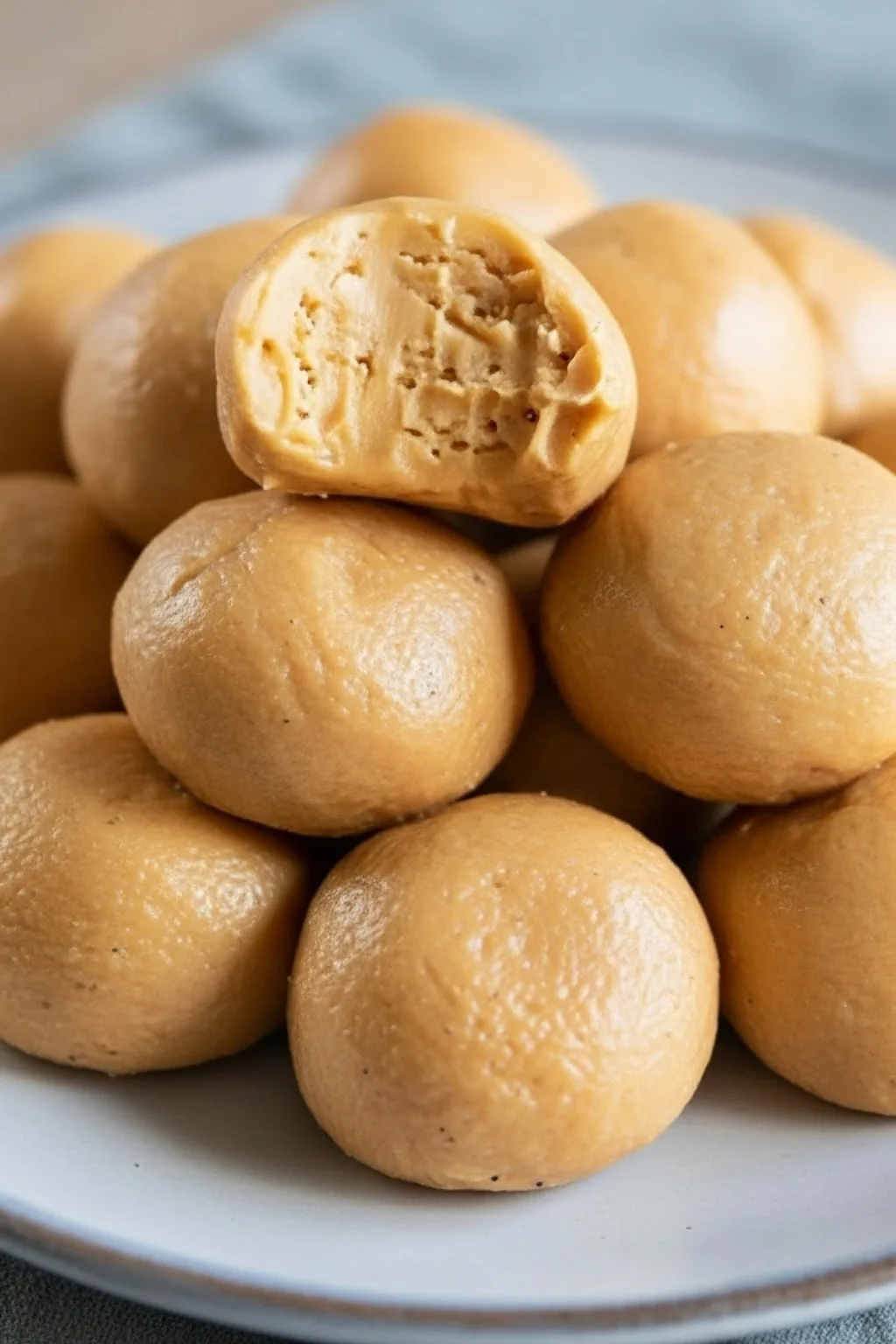 3-ingredient peanut butter balls (no bake) with a bite showing creamy texture