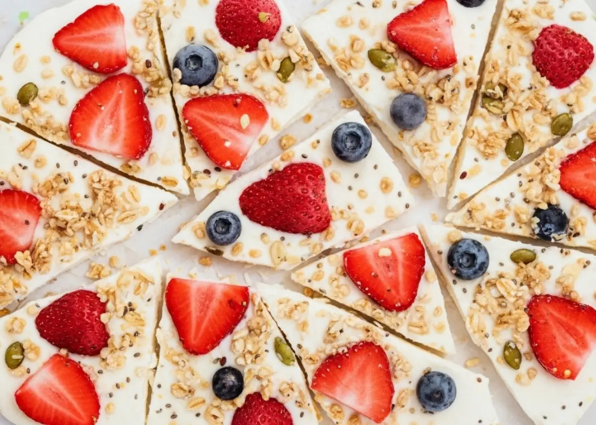 Overhead hero of berry swirl yogurt bark sheet with slate-gray linen
