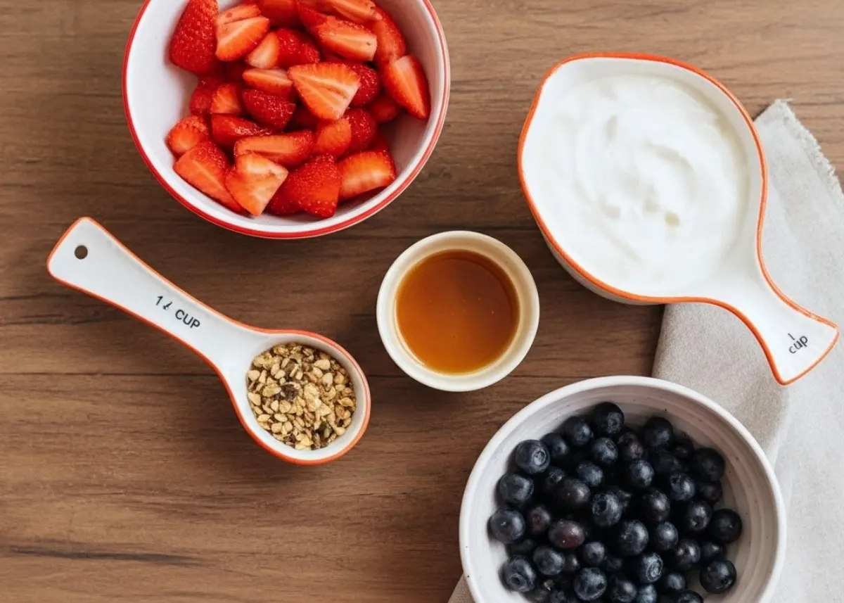 Flat-lay of yogurt, thinned berry jam, and chopped berries on gray stone with slate-gray linen