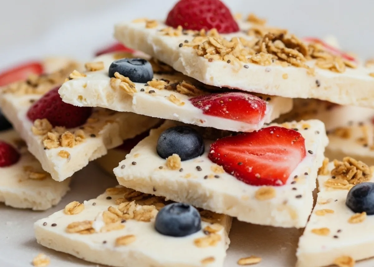 Hand breaking yogurt bark shard showing berry swirl and crisp snap, slate-gray linen