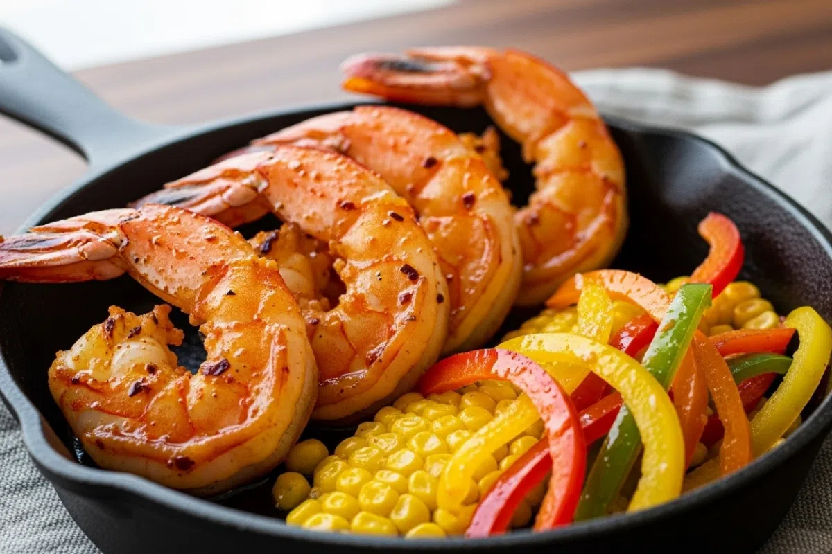 close-up chili-lime shrimp with peppers and corn in a cast-iron skillet