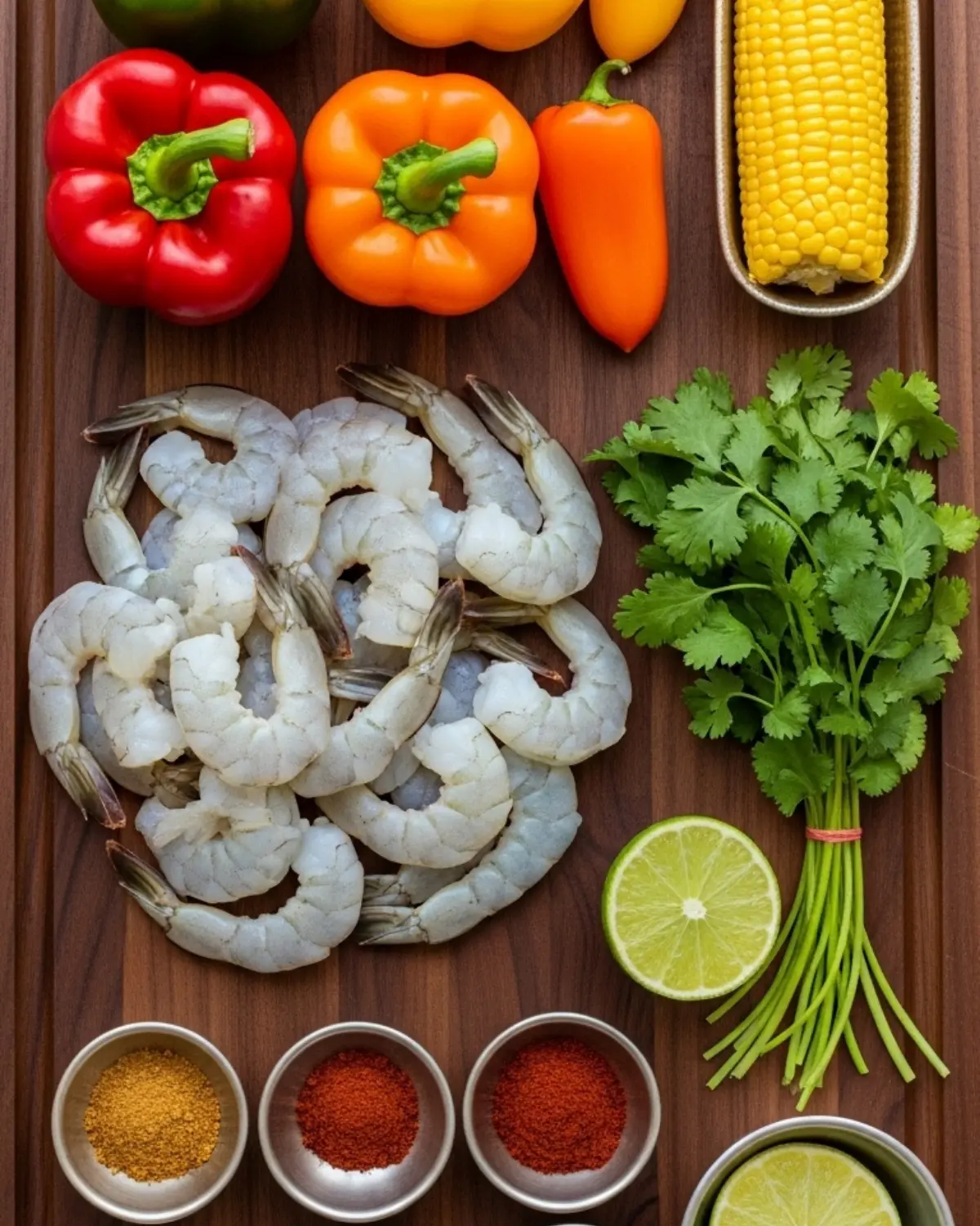 ingredients for chili-lime shrimp - shrimp, peppers, corn, lime, spices