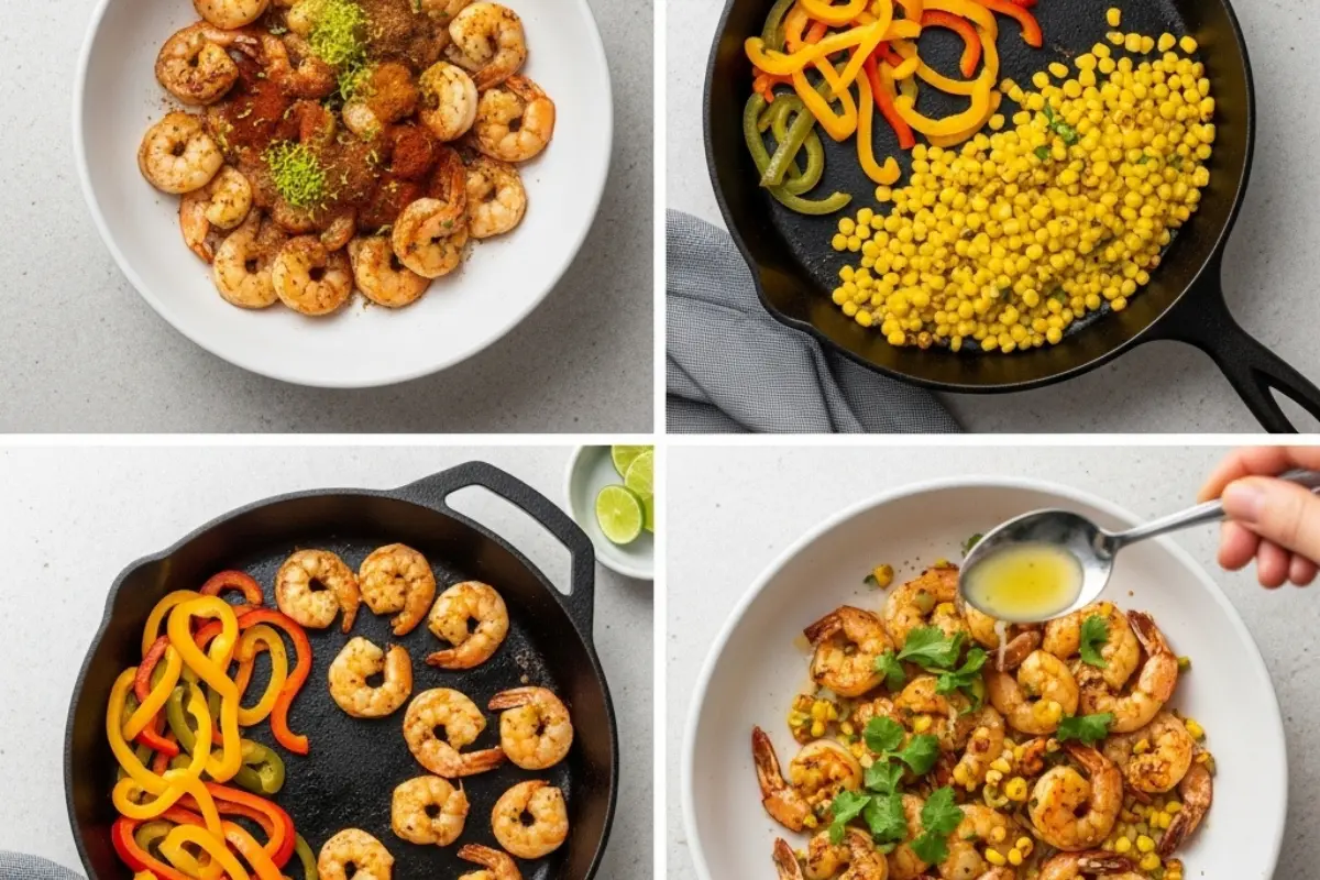 process collage showing seasoning shrimp, charring peppers and corn, searing shrimp, and finishing with lime and cilantro for one-pan chili-lime shrimp