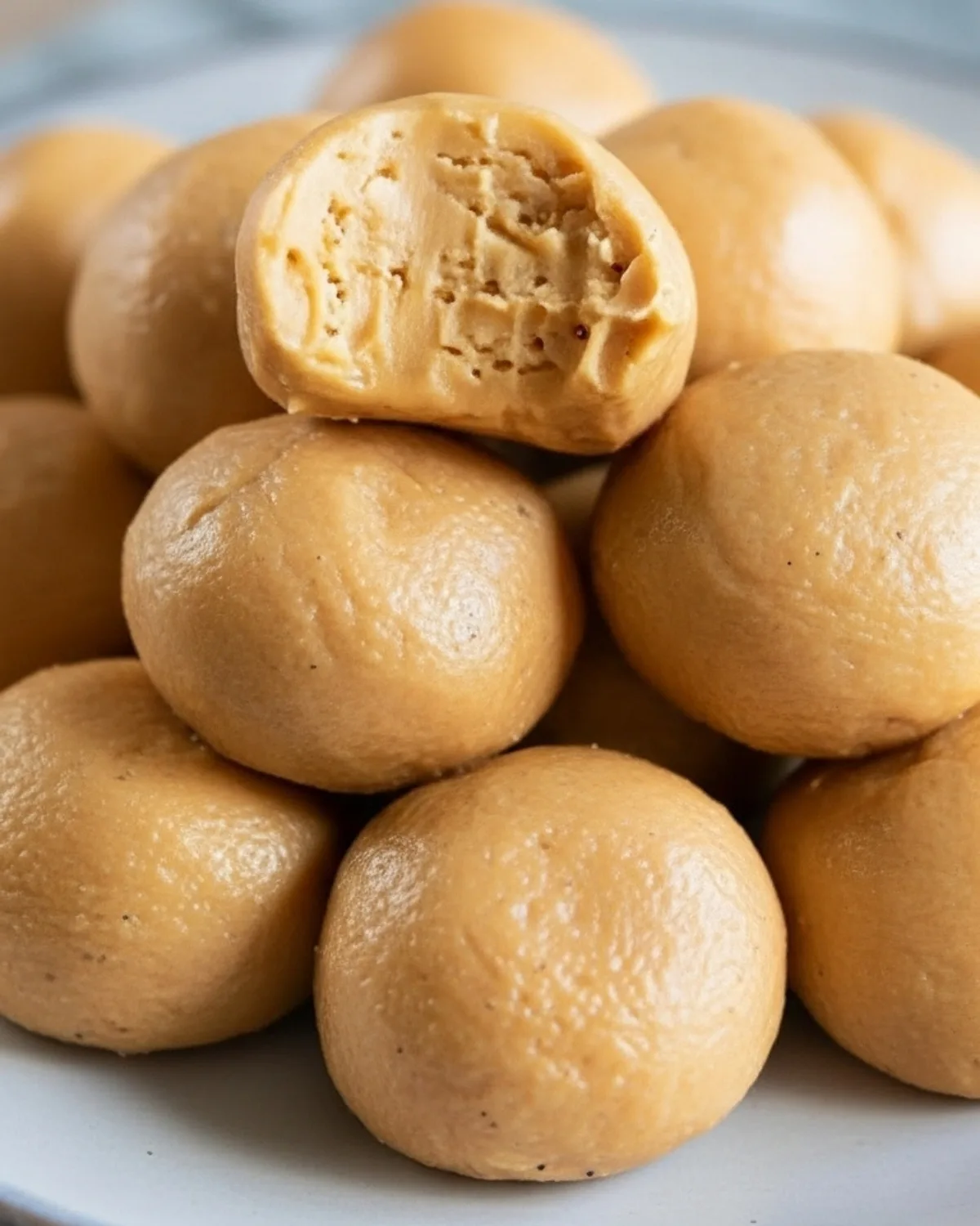 3-ingredient peanut butter balls (no bake) with a bite showing creamy texture