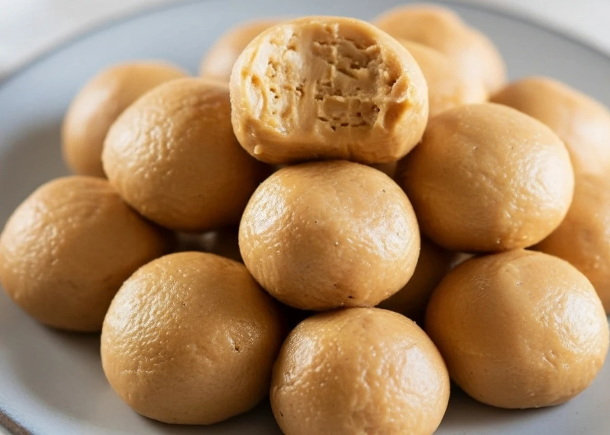 No-bake 3-ingredient peanut butter balls stacked on a plate, bite revealing center