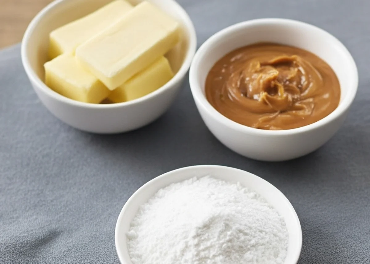 Ingredients for no-bake 3-ingredient peanut butter balls: peanut butter, butter, powdered sugar
