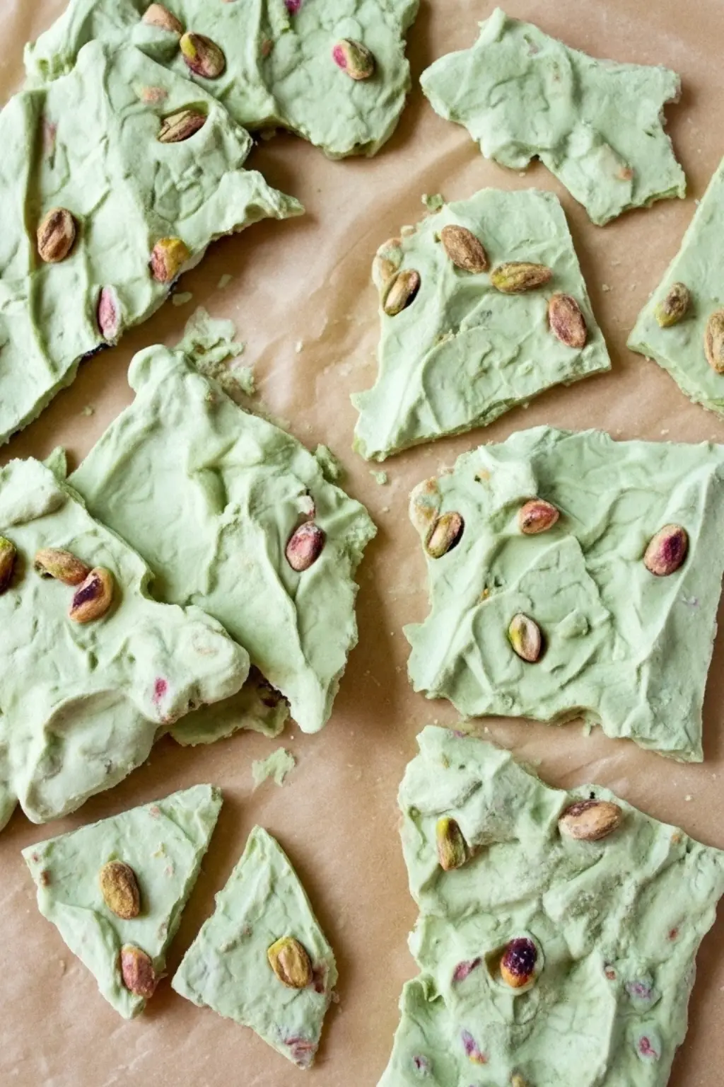 Serving Matcha Yogurt Bark Small plate with matcha yogurt bark shards and pistachio crumbs