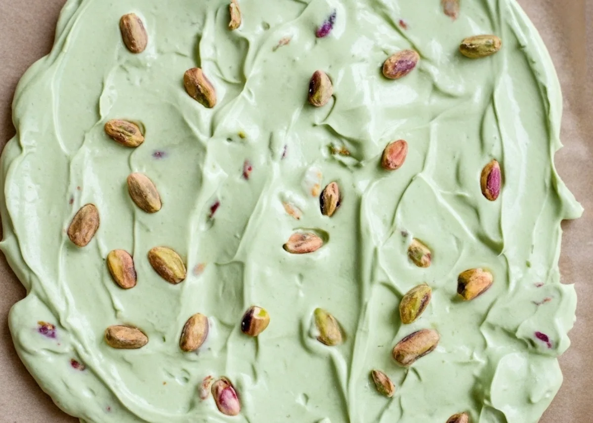 Whisking the Matcha Yogurt Base Whisking Greek yogurt with sifted matcha in a clear bowl