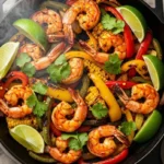 one-pan chili-lime shrimp with peppers and corn in a cast-iron skillet -15-minute dinner
