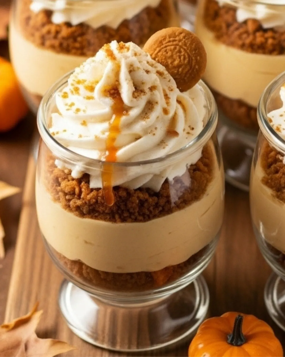 mini no-bake pumpkin cheesecake trifle cups with gingersnap crumbs, whipped cream swirls, and caramel drizzle