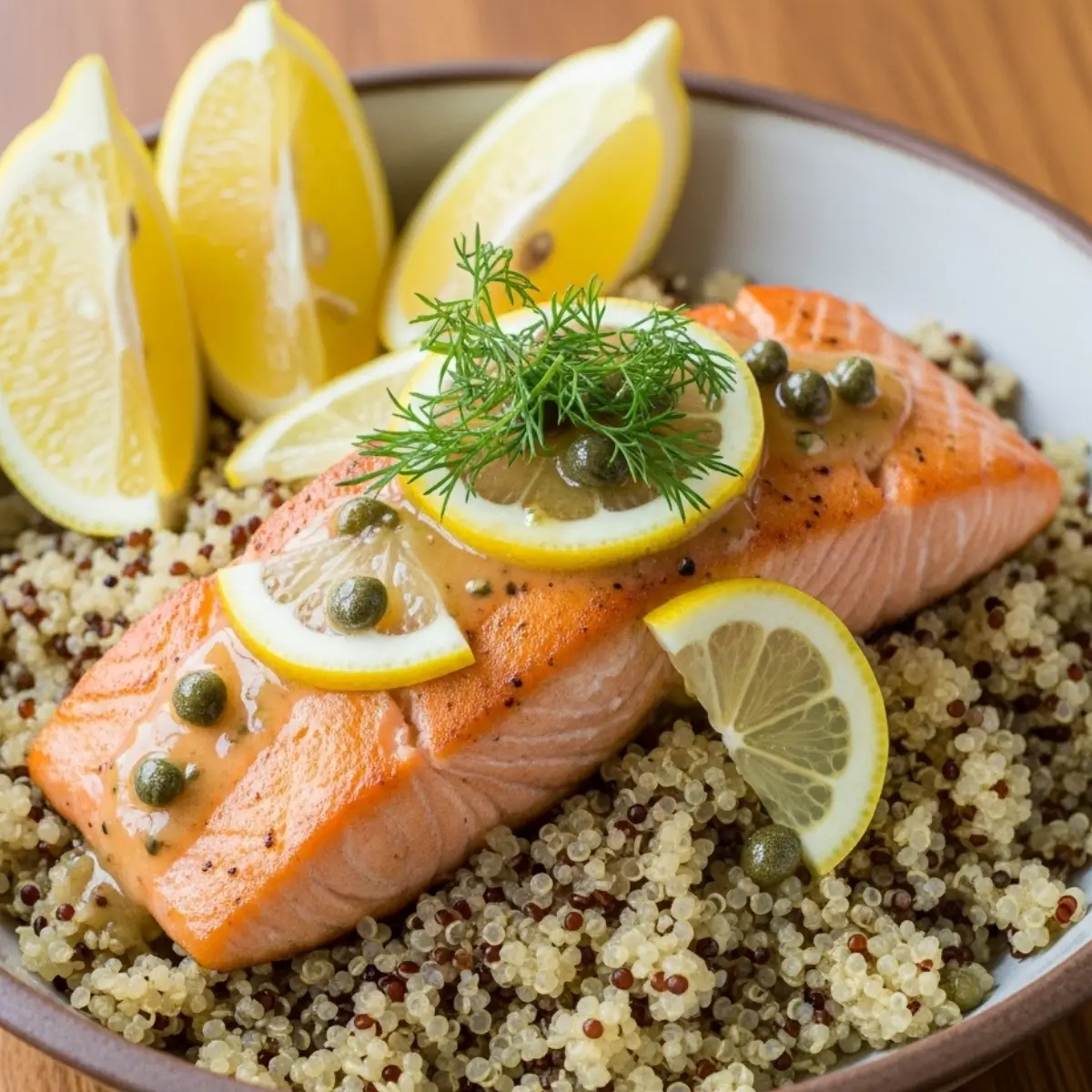 Salmon and asparagus bowl over quinoa with lemon-caper butter
