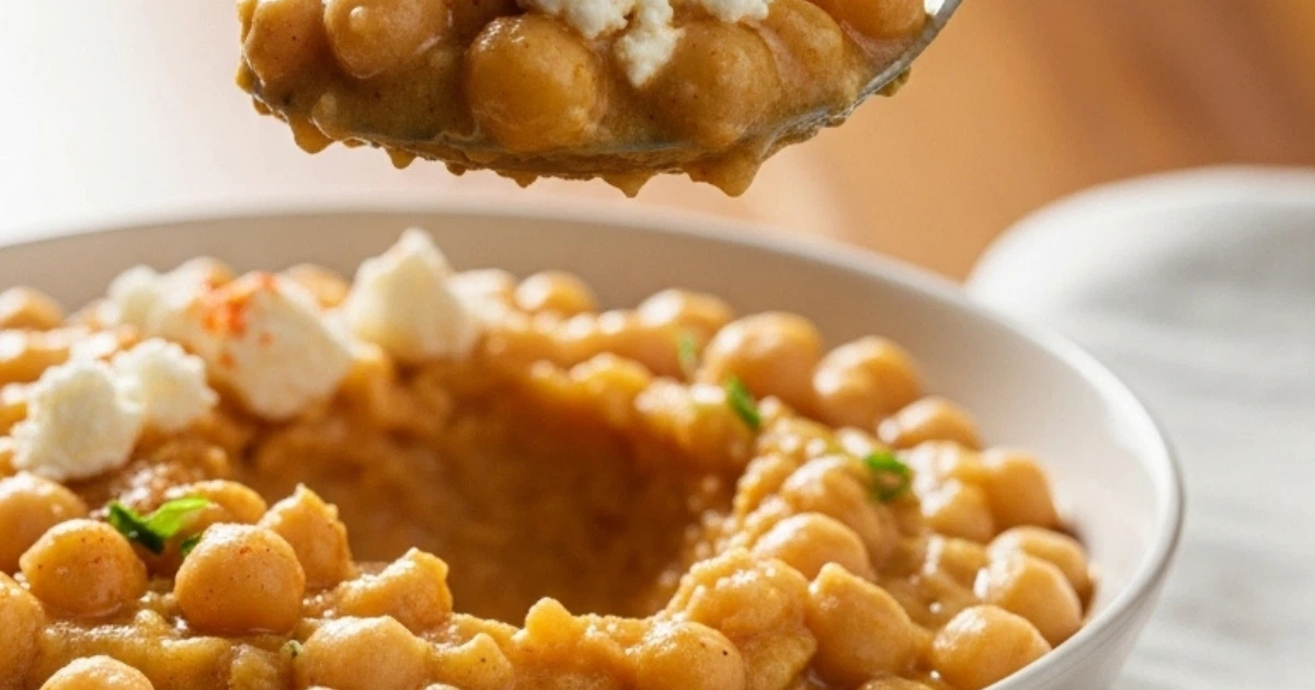 Creamy Smoky Chickpeas (Close-Up) close-up creamy smoky chickpeas with spinach and feta in skillet