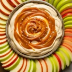 Caramel apple cheesecake dip in a bowl with caramel swirl and sliced apples