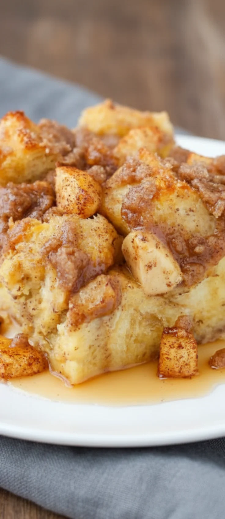 Tall close-up of Overnight Apple Crisp Casserole with caramelized apples and syrup