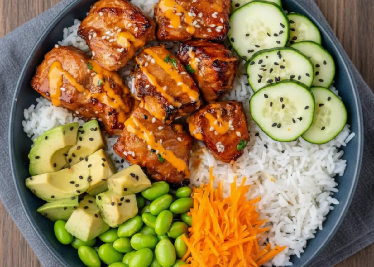 Salmon bowl with caramelized salmon bites, rice, cucumbers, avocado, edamame, and shredded carrots