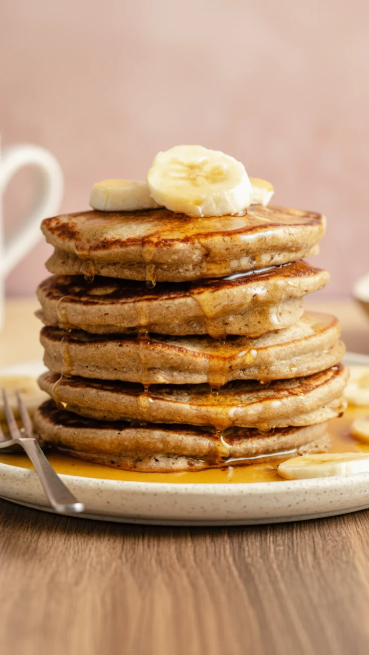 Tall stack of healthy banana oat pancakes with syrup and sliced bananas