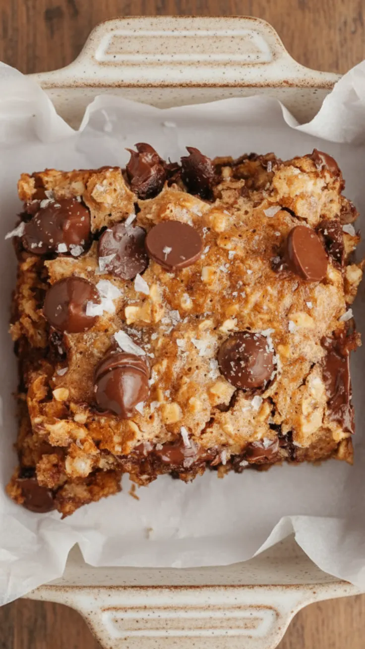 Blender Chocolate Oat Bars Hero Image Fudgy blender chocolate oat bars arranged on parchment with cocoa and oats