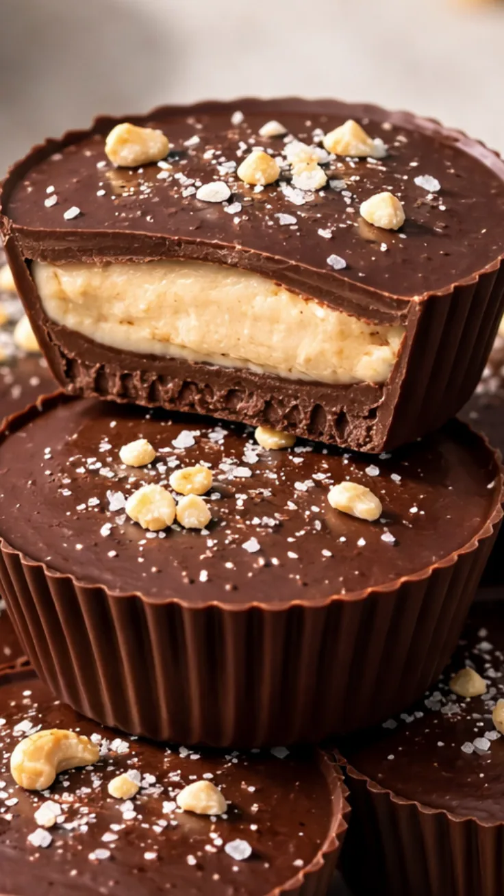 No-bake chocolate cashew cream cups on a marble plate