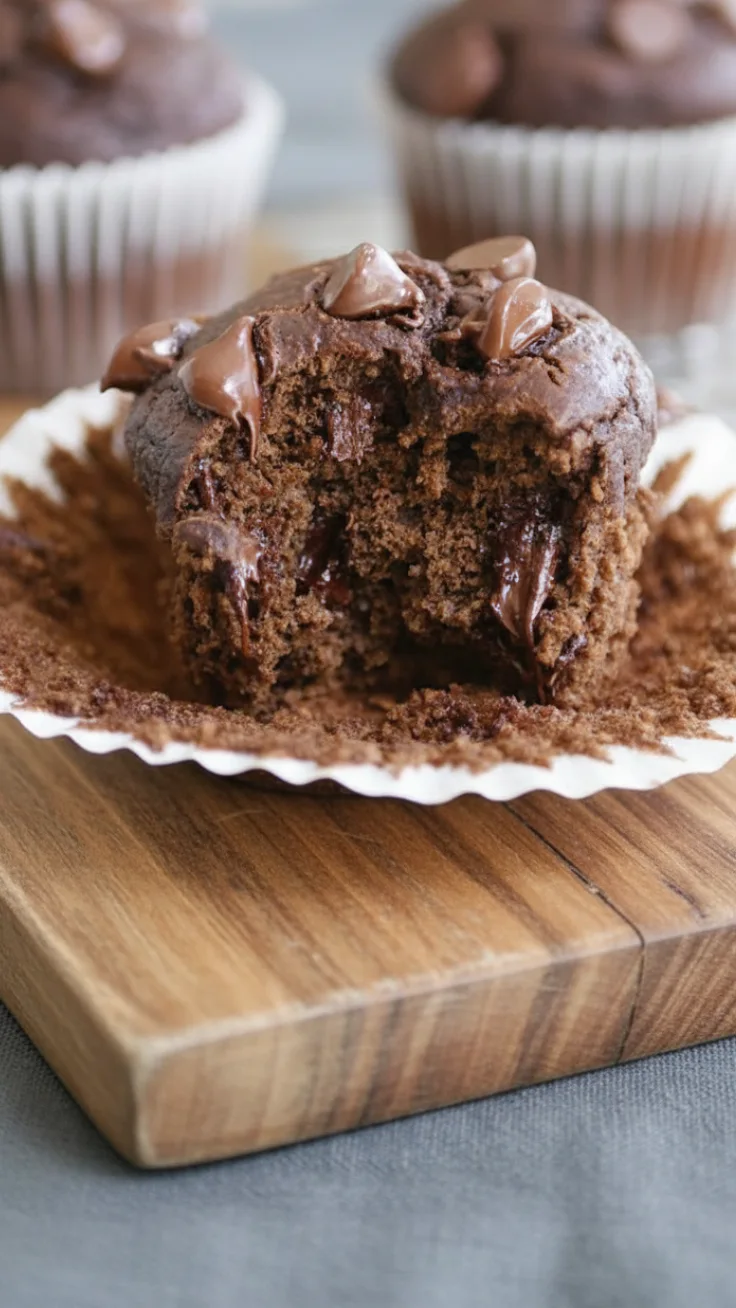 Chocolate banana blender muffins stacked on a plate