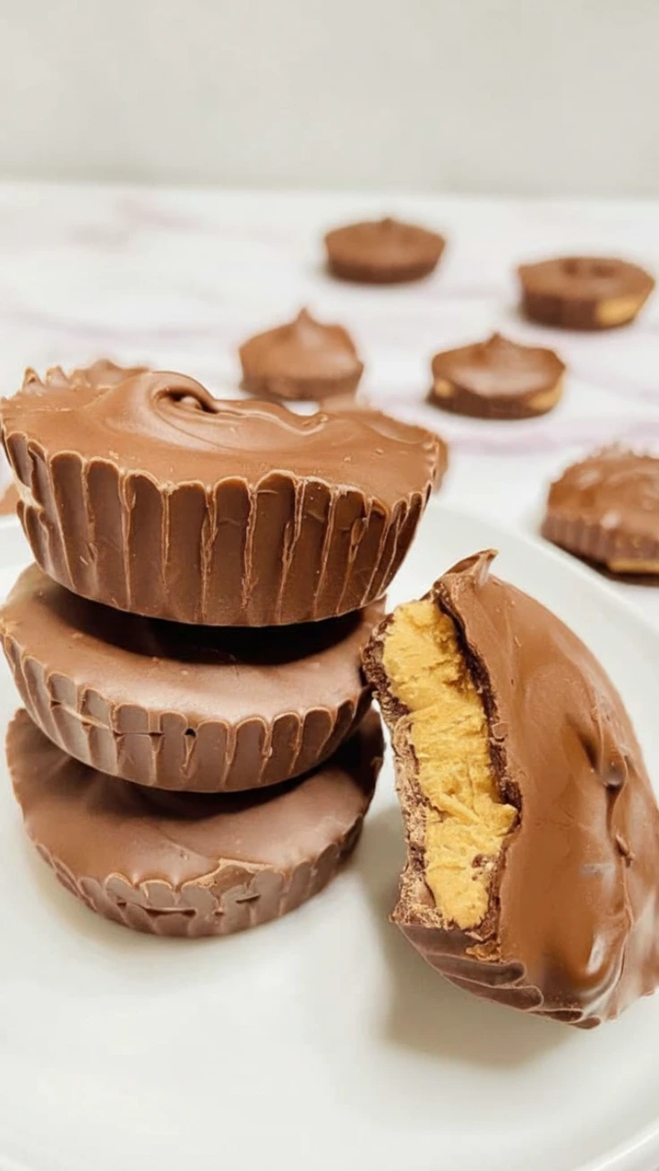 Hero shot of homemade no-bake peanut butter cups arranged in a rustic setting