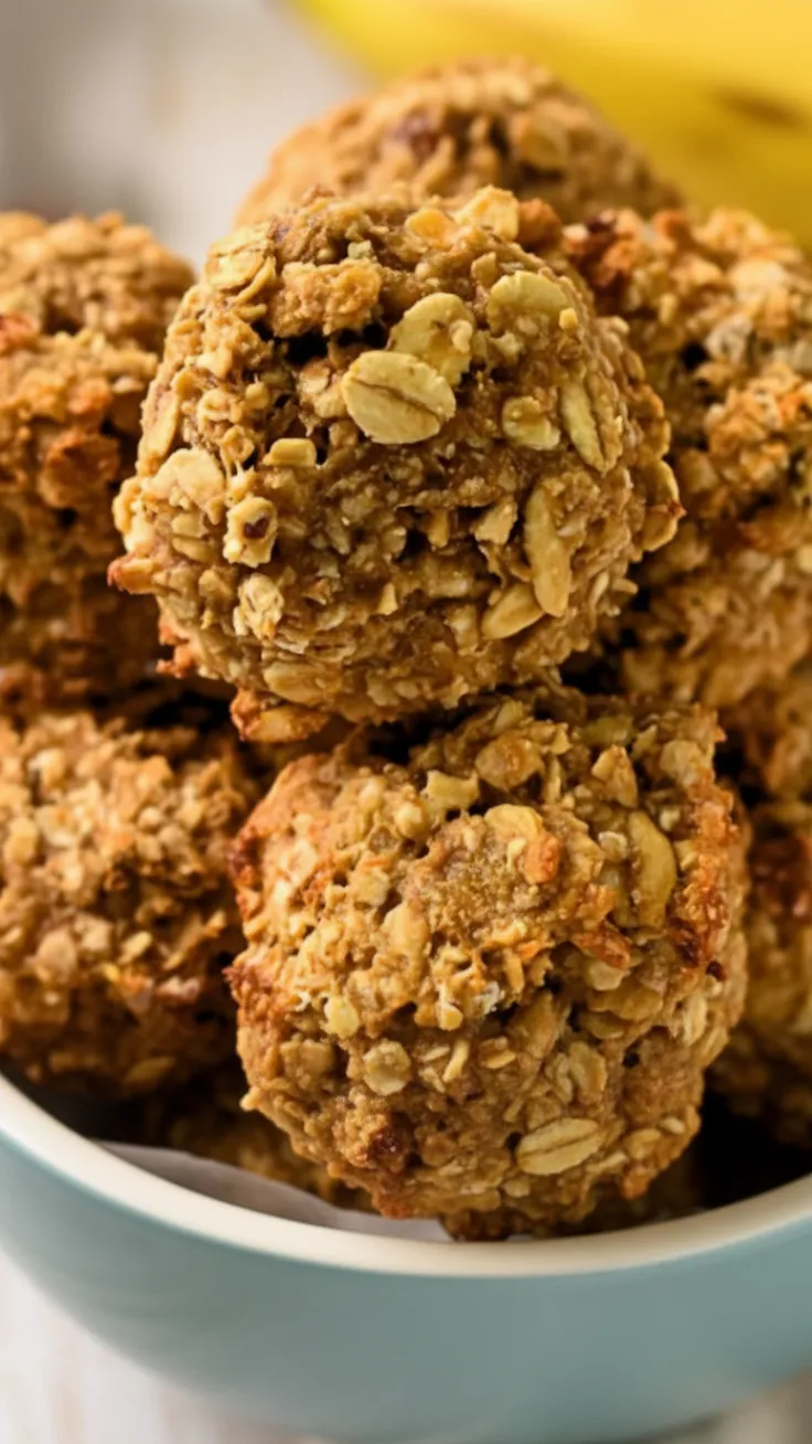 stack of soft 3 ingredient banana oat cookies with oats and bananas in background