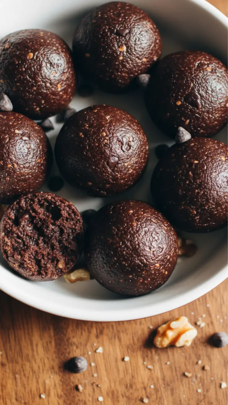 Fudgy No-Bake Brownie Bites Fudgy healthy brownie bites close-up