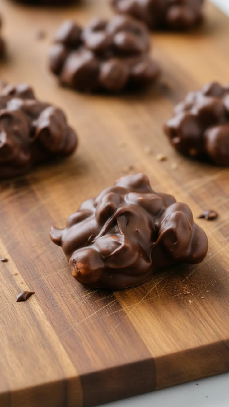 Serving Chocolate Peanut Butter Clusters Chocolate peanut butter clusters served on plate
