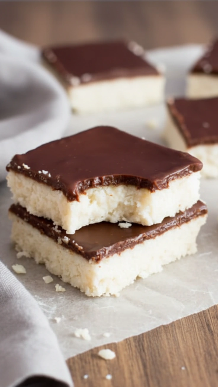 Thick coconut chocolate bars with glossy topping