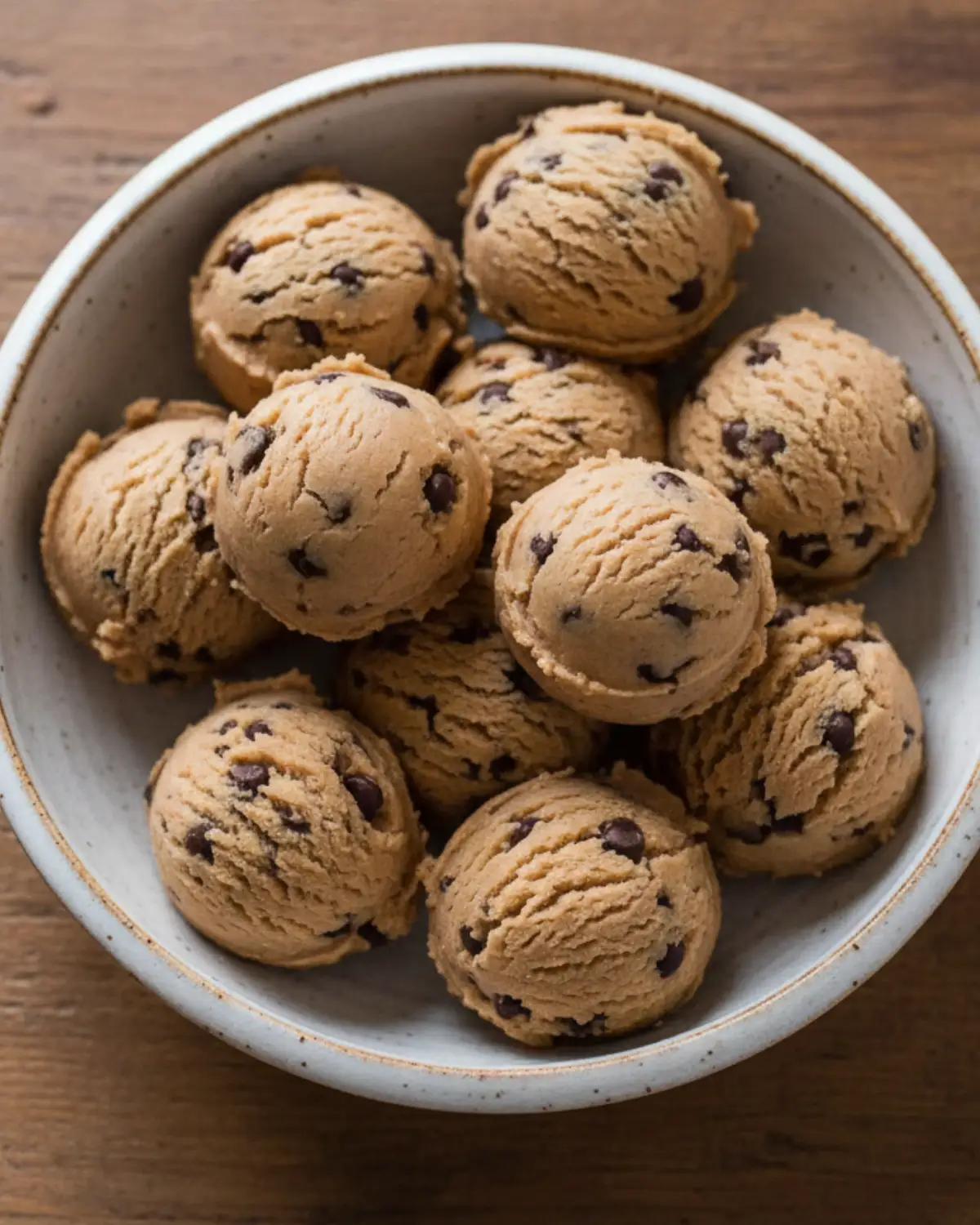 Bowl of healthy no bake cookie dough bites with chocolate chips