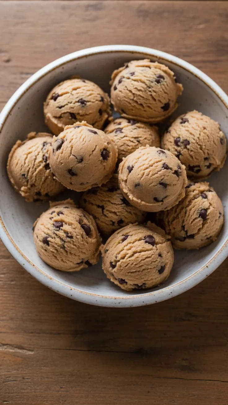 Close up hero shot of no bake cookie dough bites stacked on a plate