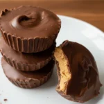 Close-up cross section of a peanut butter cup showing creamy center