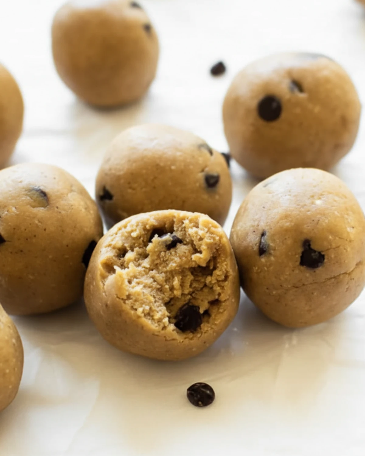Healthy no bake protein cookie dough bites stacked on a plate