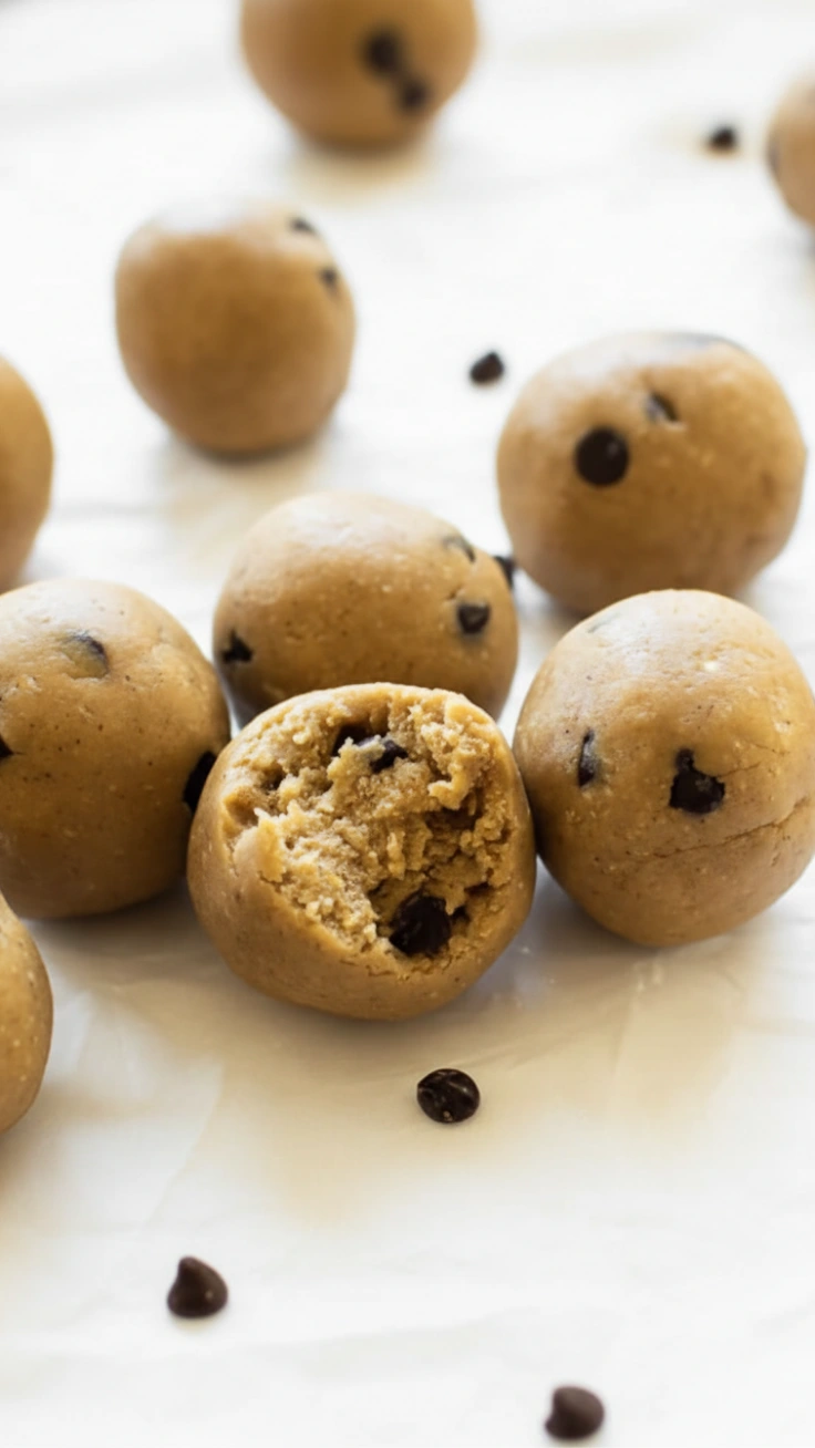 Bowl of soft no bake protein cookie dough bites with chocolate chips