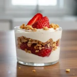 Spoon lifting a layered strawberry yogurt parfait