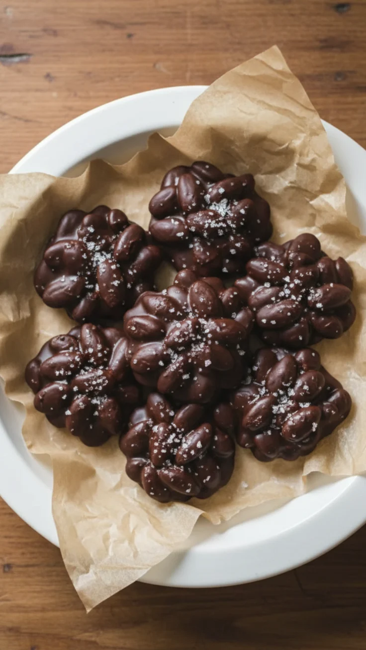 3 ingredient chocolate almond clusters on parchment paper