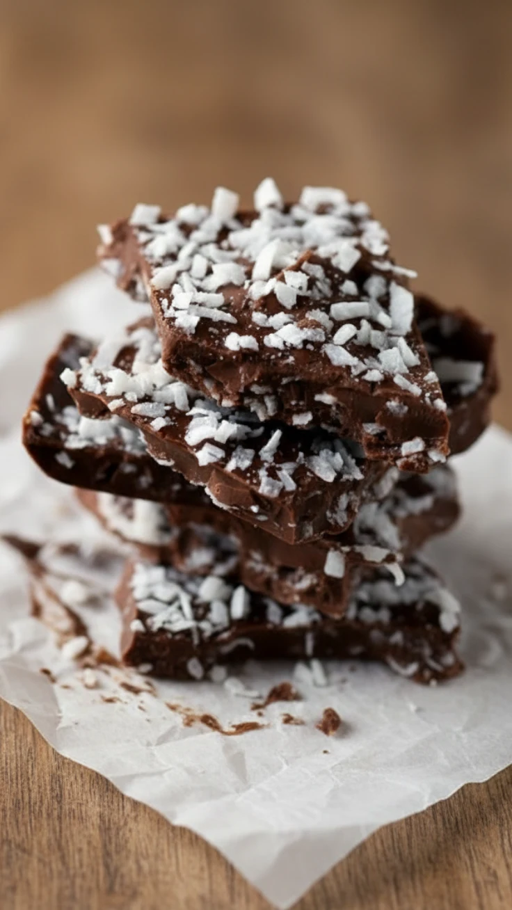 3 ingredient chocolate coconut bark broken into pieces