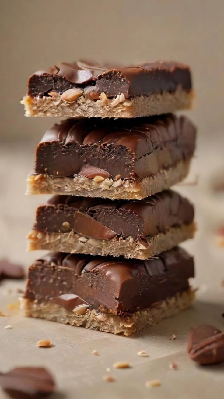 Thick no-bake chocolate sunflower seed bars stacked on parchment