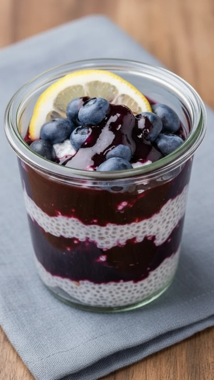 Blueberry lemon chia cups layered in glass jars