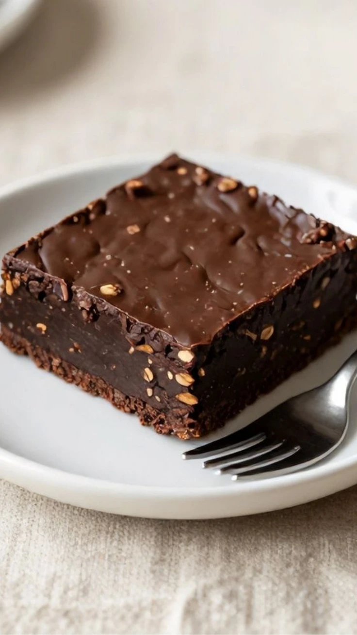 Chocolate oat no-bake squares sliced in pan