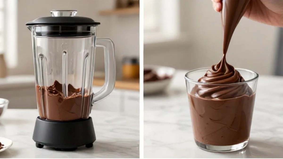 Chocolate tofu dessert preparation showing blended mixture and piping into glass cups
