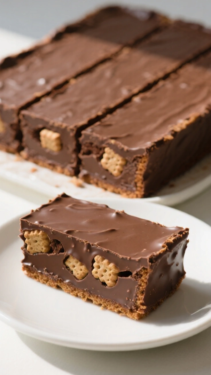 Easy chocolate biscuit refrigerator cake sliced on plate