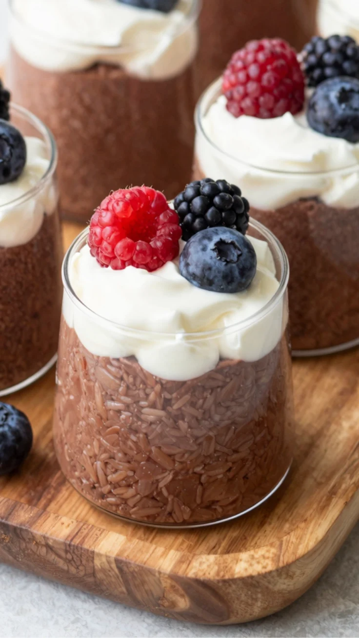 Easy cocoa rice pudding cups in glass jars