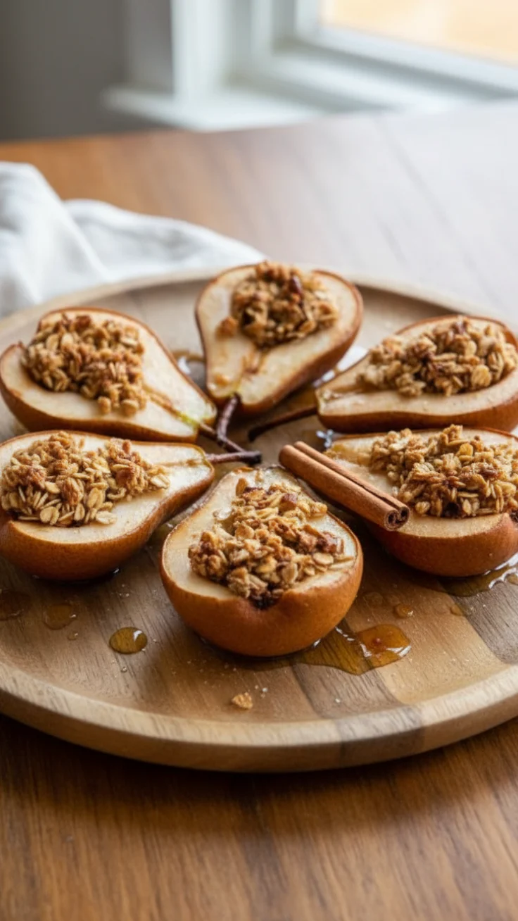 Healthy baked pears with honey and nuts in a baking dish