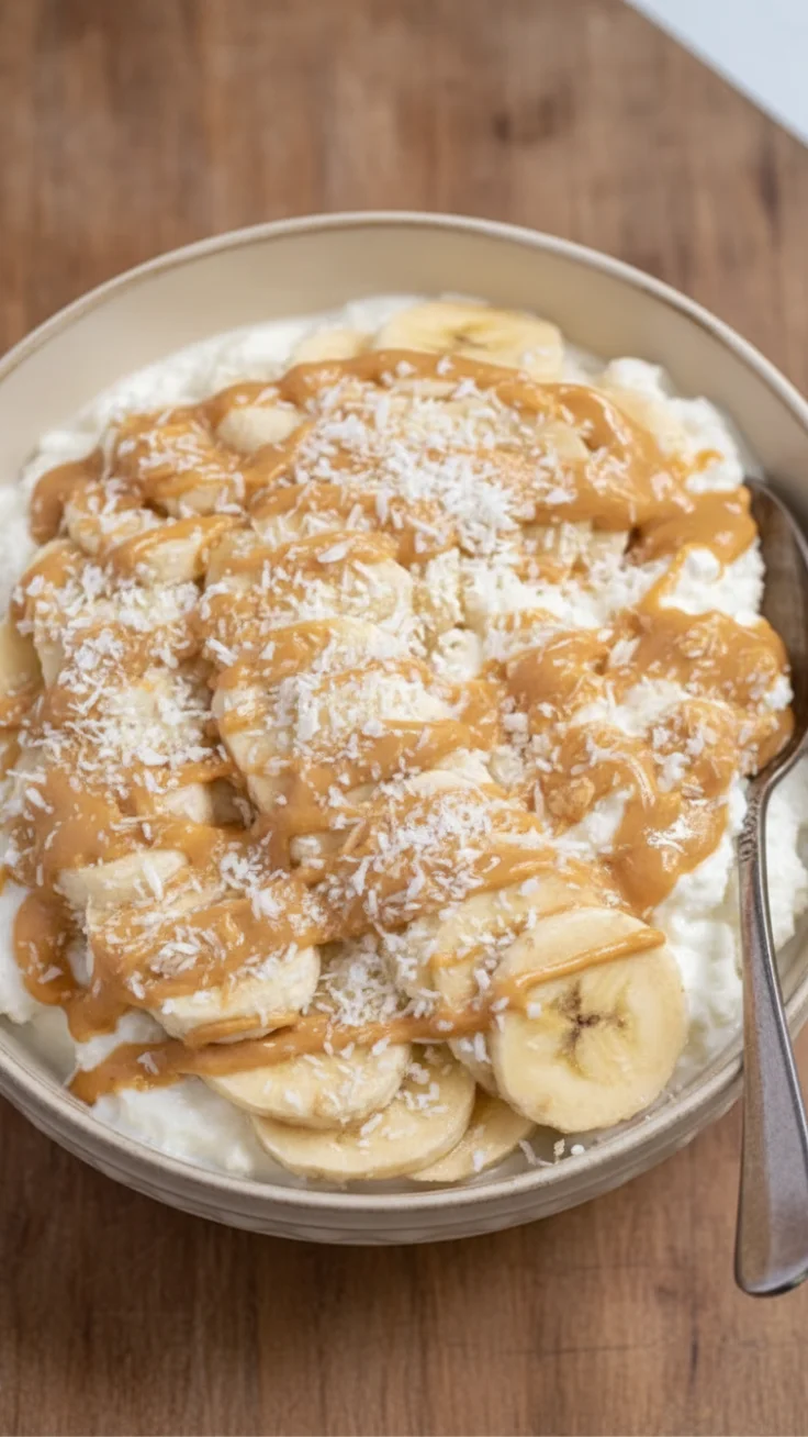 Healthy banana cottage cheese bowl with nut butter and cinnamon