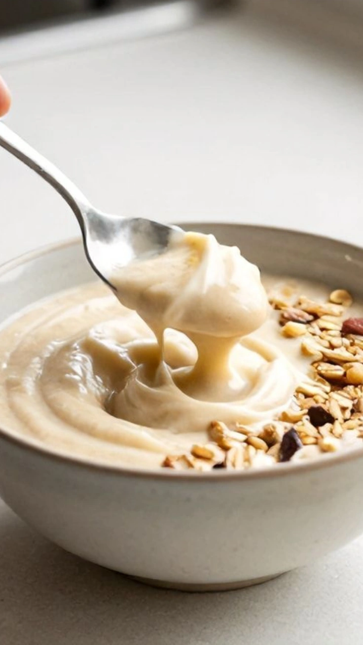 Healthy banana oat breakfast smoothie bowl in ceramic bowl