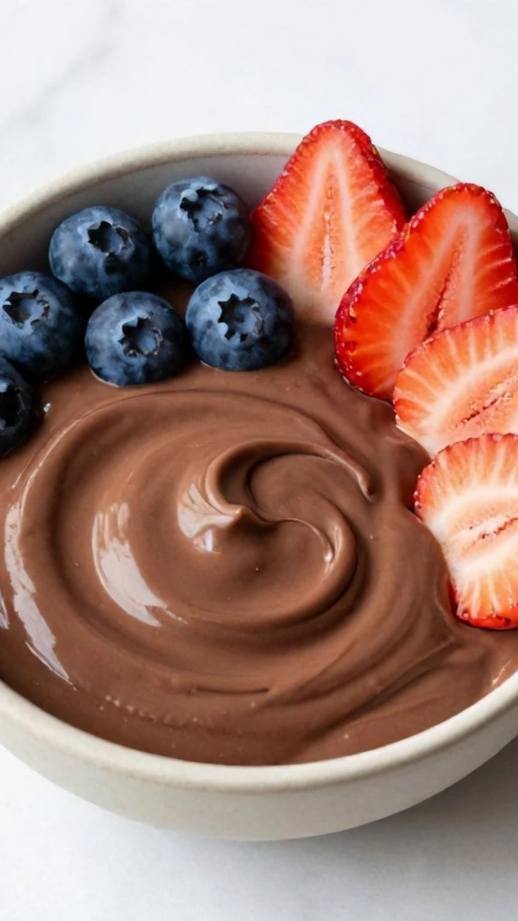 healthy cocoa yogurt breakfast bowl with berries and nut butter
