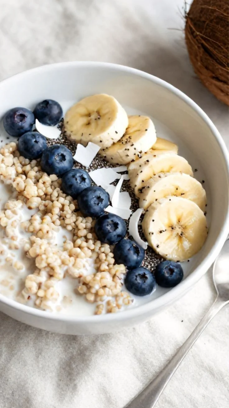 Healthy coconut quinoa breakfast bowl with berries